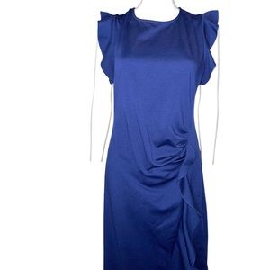 Women’s Musol Navy Blue Fitted MIDI Dress with Pleated Ruffles XL